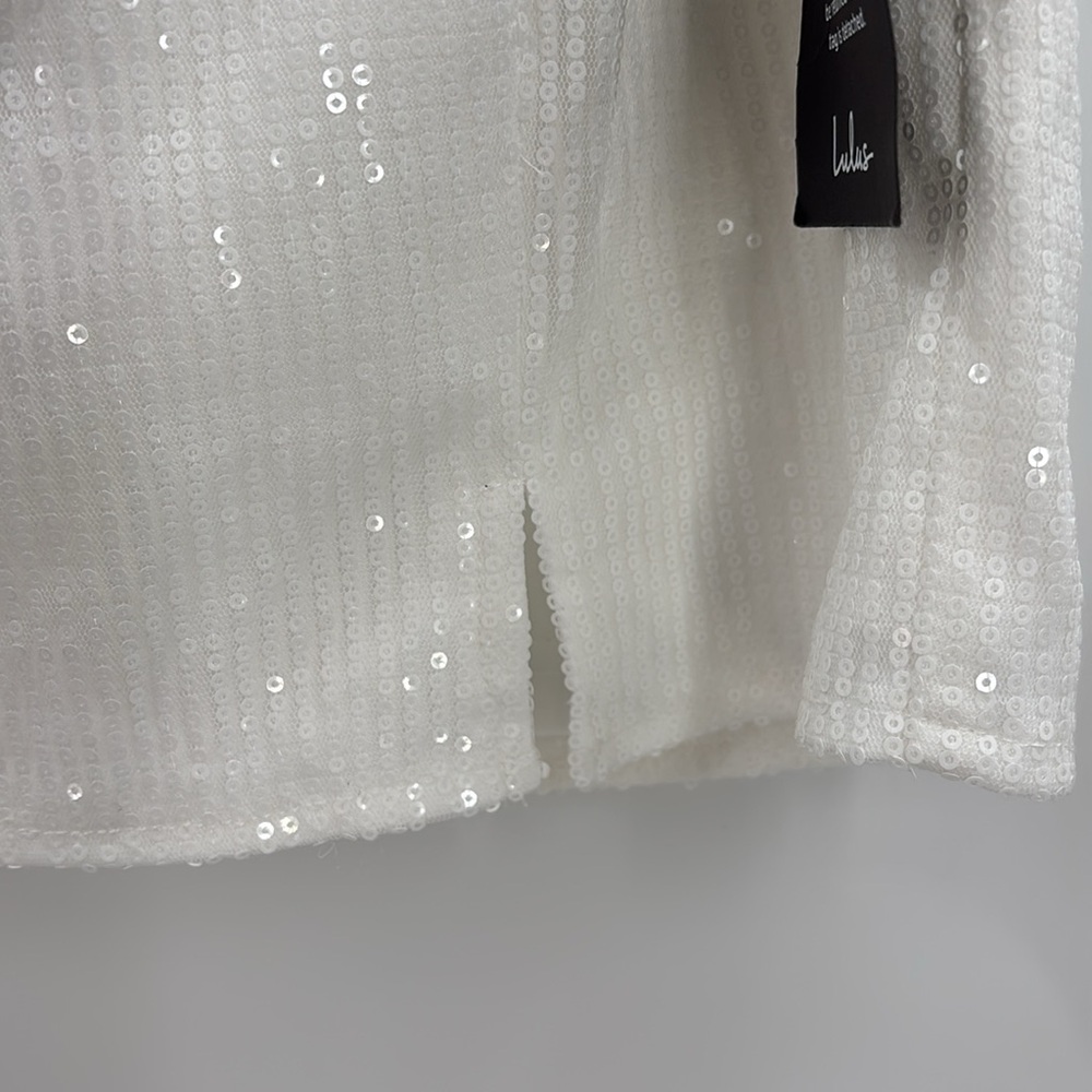 Lulus Glowing Intentions White SEQUIN Bustier Tie-Strap Mini Dress size M NWT - Picture 8 of 16